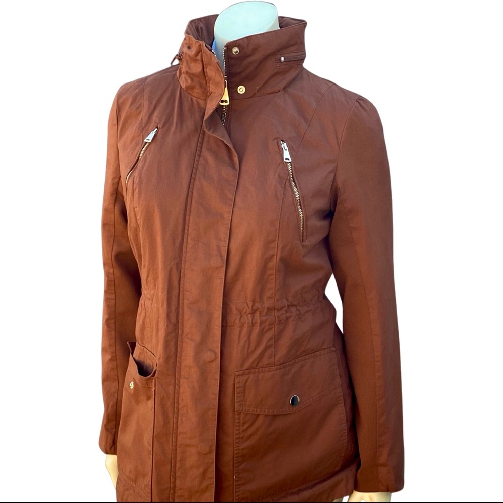 Brown utility zip up jacket with button clasps